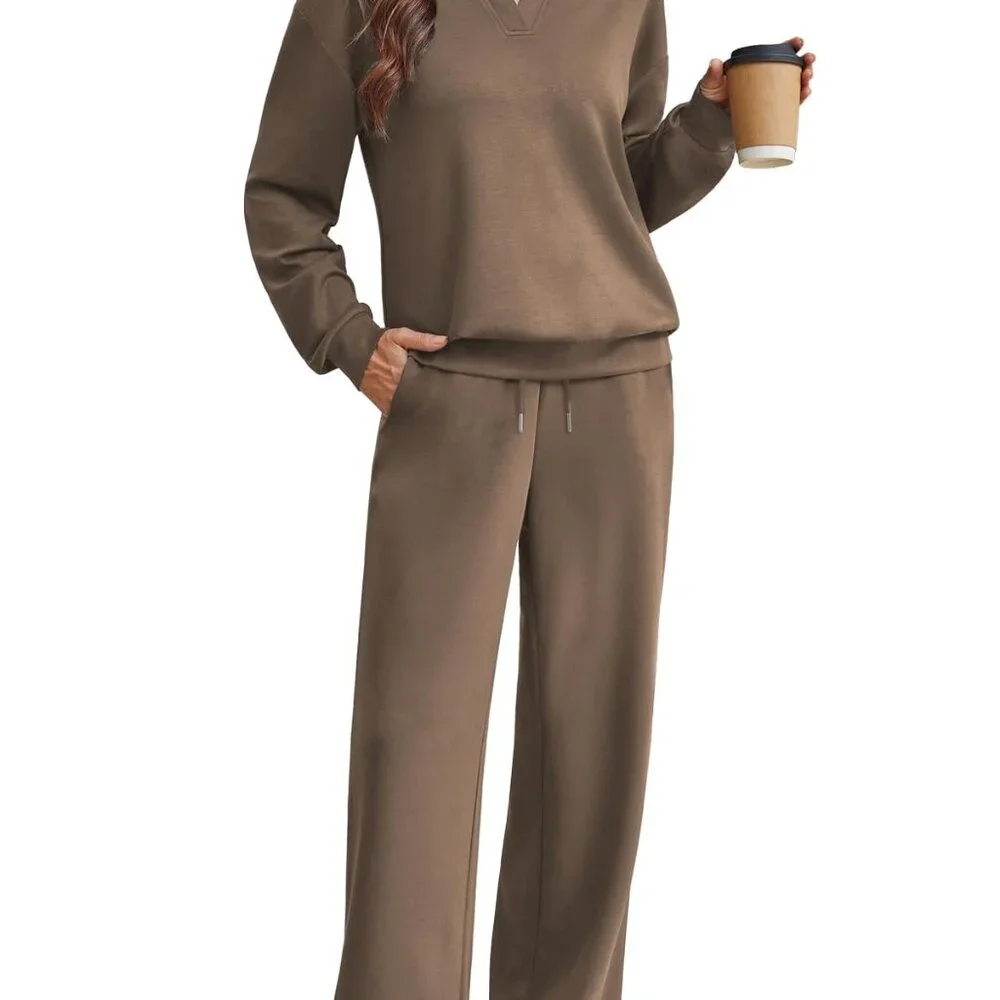 Trendy Lounge Set Polo Collar Sweatshirt Sweatpants Matching Outfit Comfy Travel